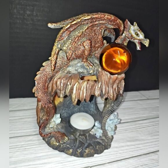 Vintage Red Gold Mythical Fantasy Perched Dragon Castle Tea Light Candle Holder - Picture 4 of 12